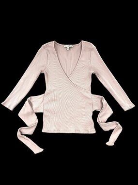 Vintage Express Ribbed Mauve Pink Long Sleeve Tie Waist Ballet Wrap Top